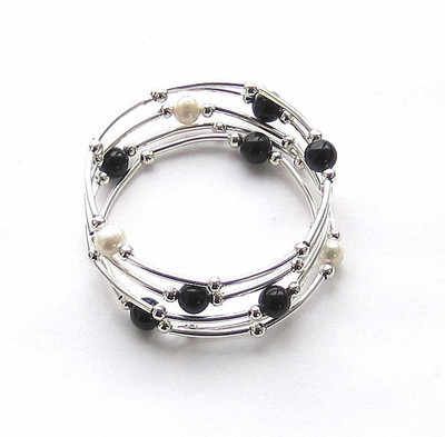 Black Onyx And Freshwater Pearl Silver Gemstone Wrap Bracelet