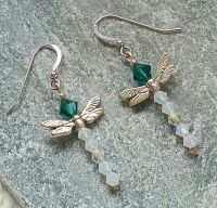 Dragonfly emerald silver earrings