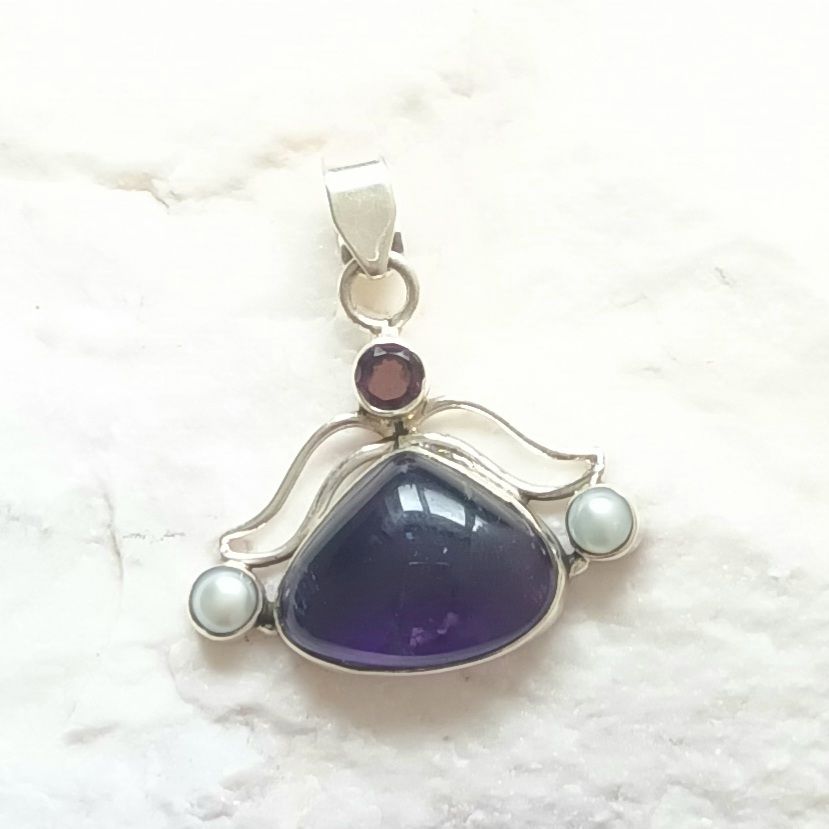 Amethyst With Pearl Angel Wing Pendant