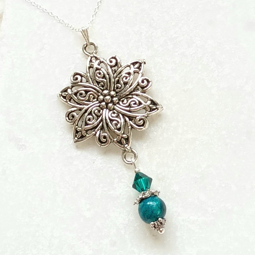 Azurite Flower Silver Gemstone Necklace