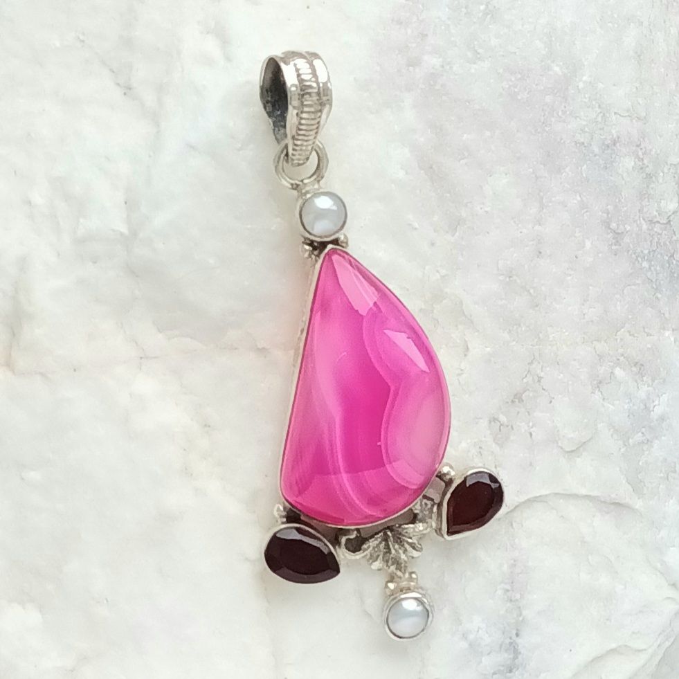 Pretty Pink Agate Pearl Sterling Silver Gemstone Pendant