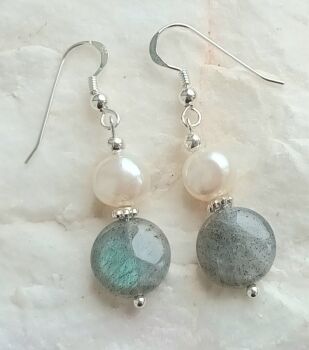Labradorite and pearl silver crystal earrings