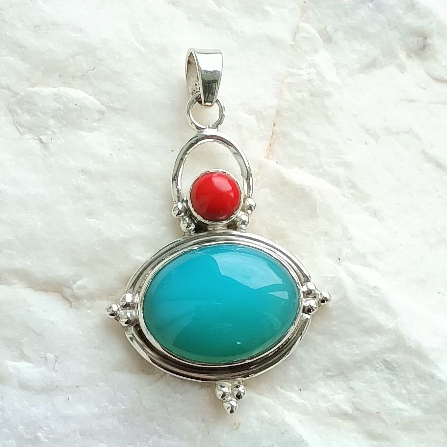 Chalcedony Coral Agate Sterling Silver Pendant