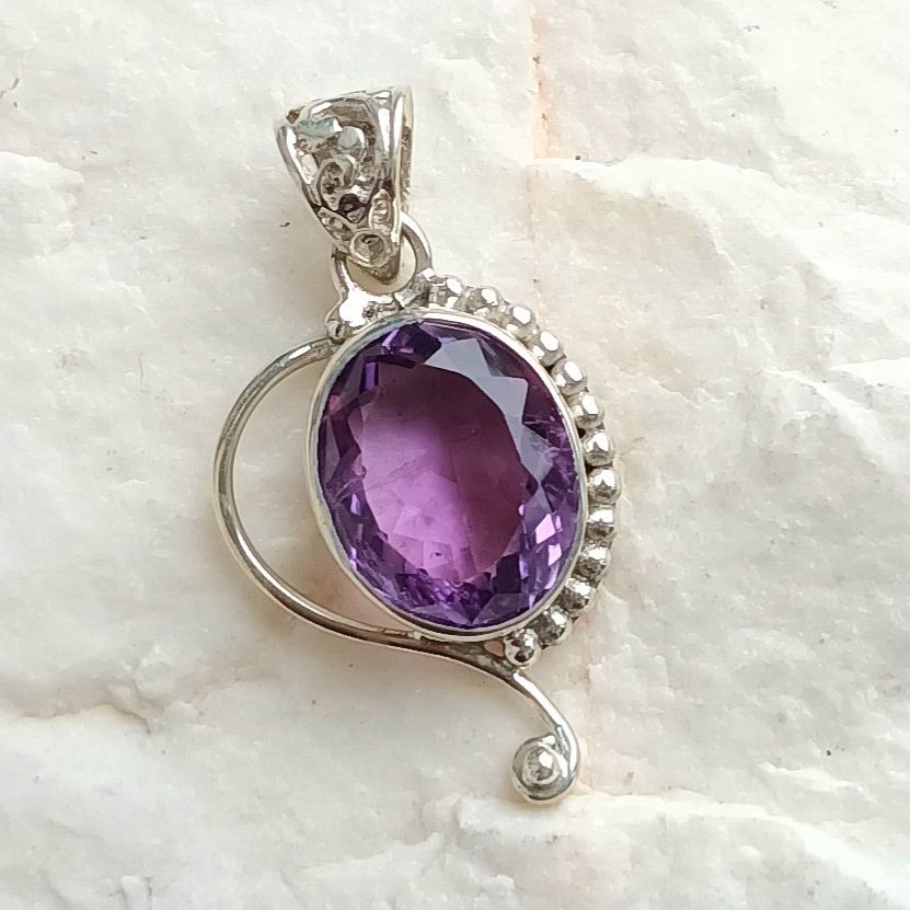 Amethyst Faceted Gem Silver Crystal Pendant