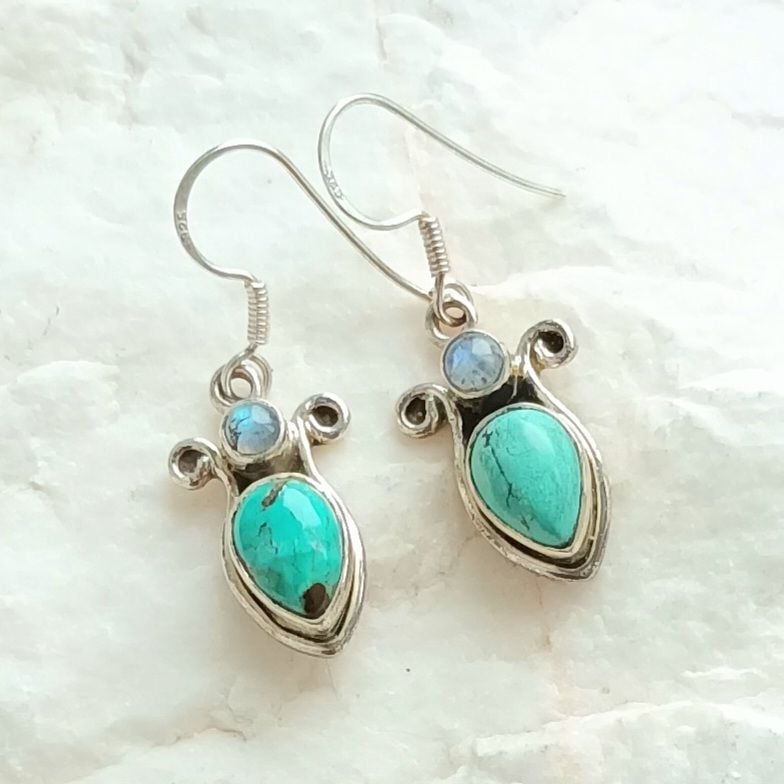 Turquoise Moonstone Gemstone Silver Earrings