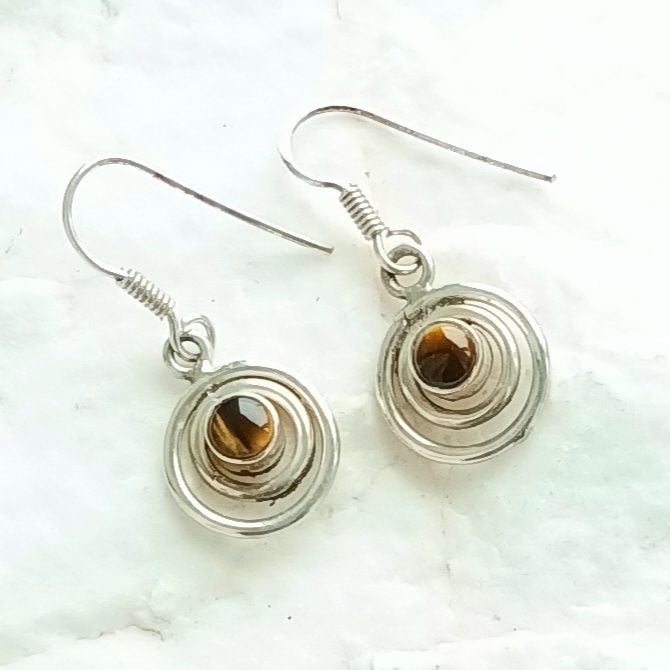 Tigers Eye Crystal Gemstone Silver Earrings