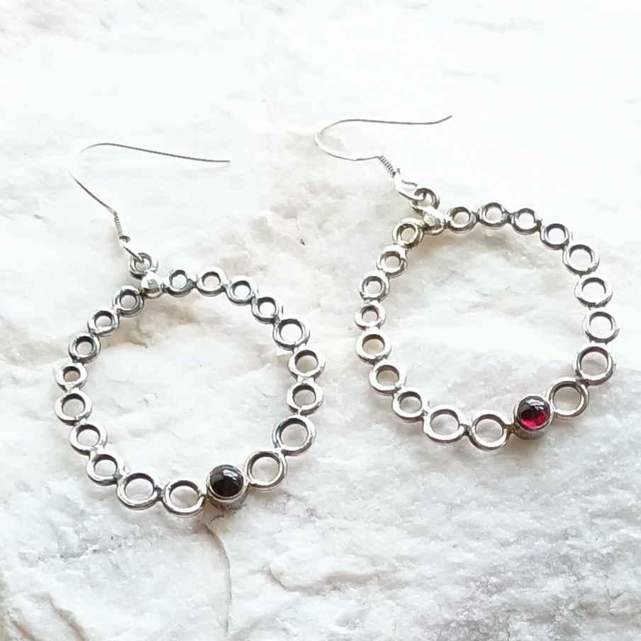 Garnet Gorgeous Circular Sterling Silver Earrings