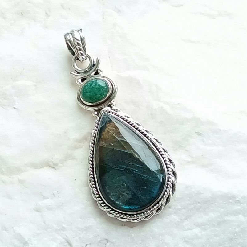 Labradorite Green Onyx Sterling Silver Crystal Pendant