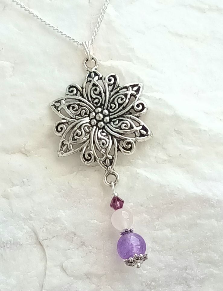 Amethyst Rose Quartz Silver Gemstone Flower Necklace