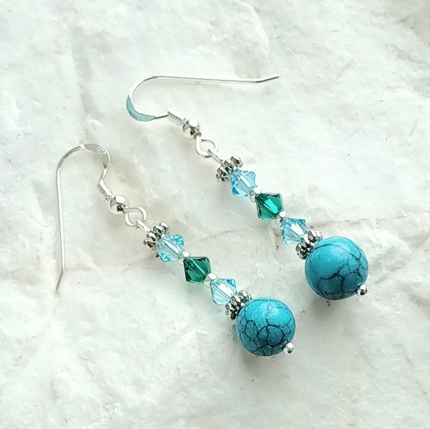 Turquoise And Emerald Crystal Silver Gemstone Jewellery Earrings