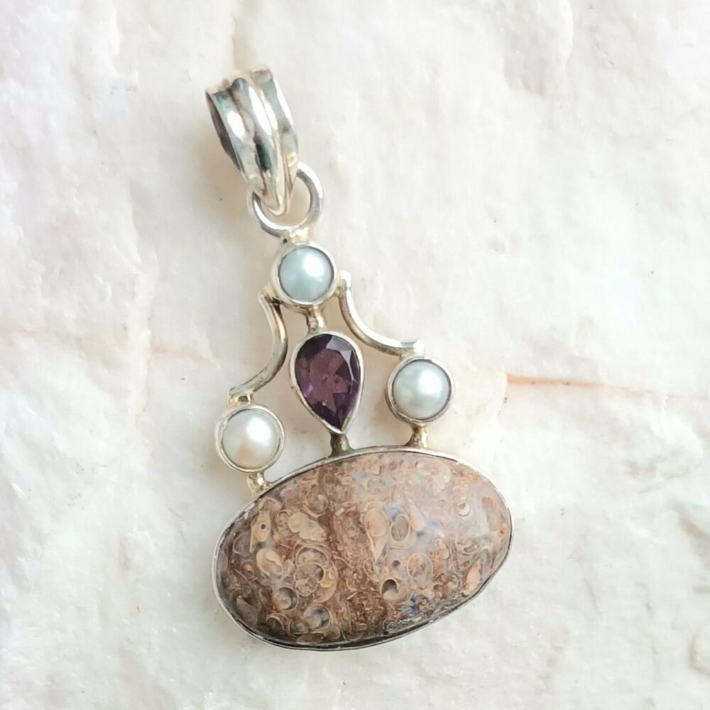 Amethyst Pearl And Fossil Jasper Sterling Silver Pendant