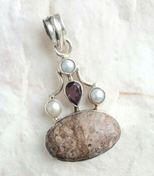 Amethyst fossil jasper silver pendant jewellery