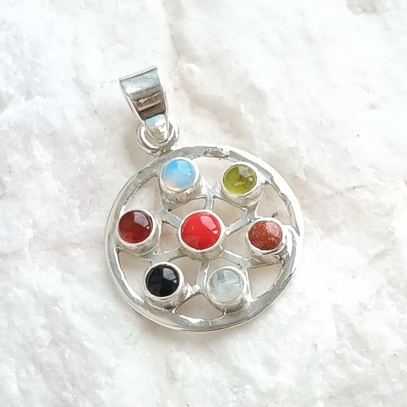 Gorgeous Multi Cabochon Gemstone Silver Pendant