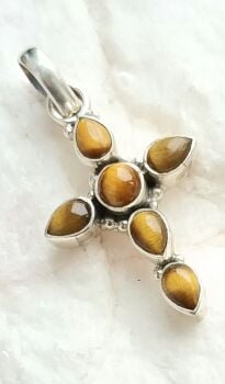 Silver gemstone cross pendant tigers eye