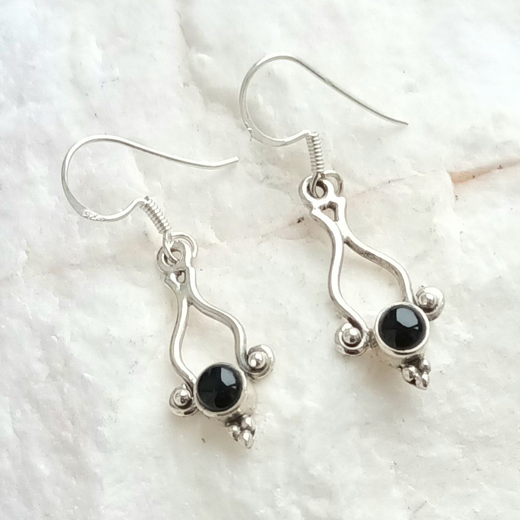 Black Onyx Cabochon Gemstone Silver Earrings