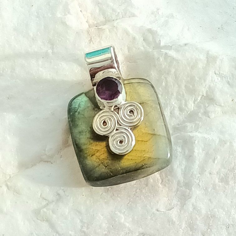 Labradorite Amethyst Gemstone Silver Pendant