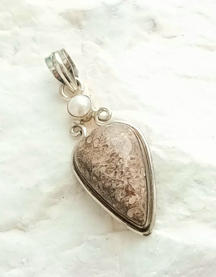 Fossil Jasper And Freshwater Pearl Silver Pendant