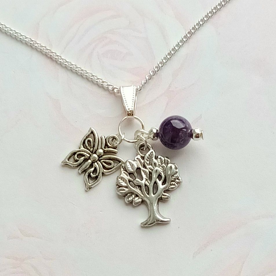 Amethyst Butterfly Tree Of Life Charm Crystal Necklace