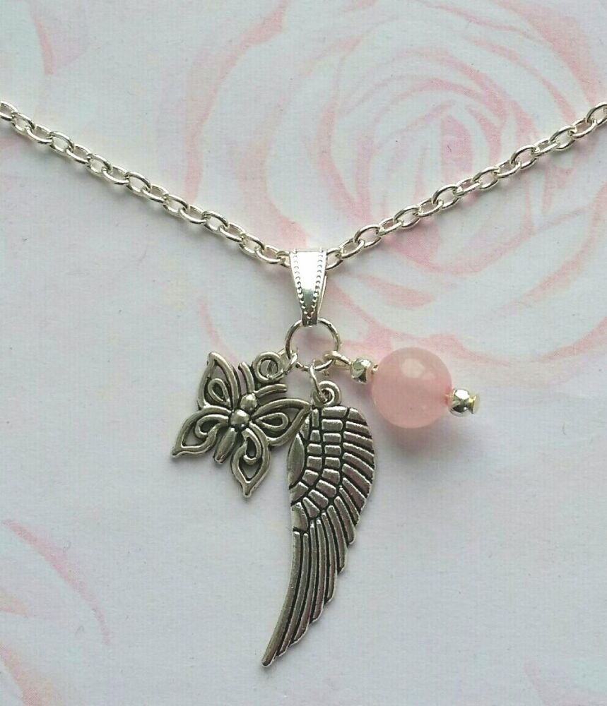 Angel Wing Rose Quartz Crystal Silver Necklace