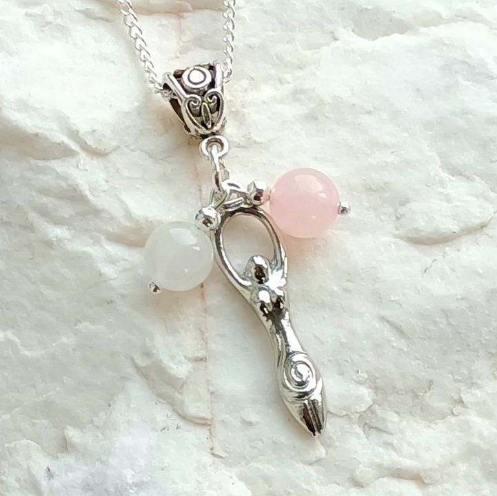 Goddess Fertility Moonstone Rose Quartz Silver Necklace