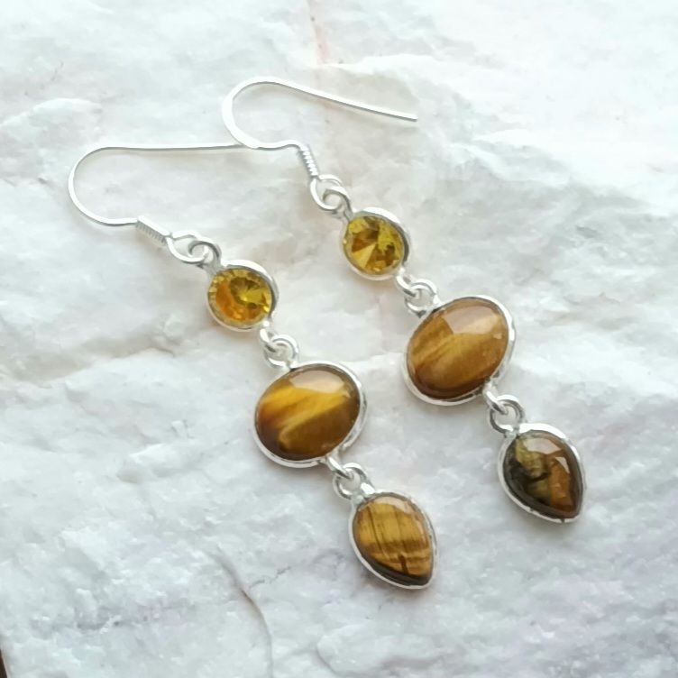 Tigers Eye And Citrine Gemstone Silver Earrings