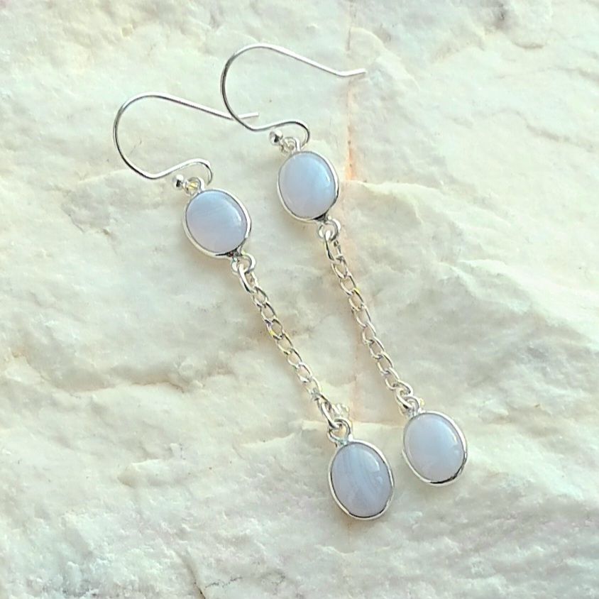 Blue Lace Agate Crystal Gem Sterling Silver Earrings