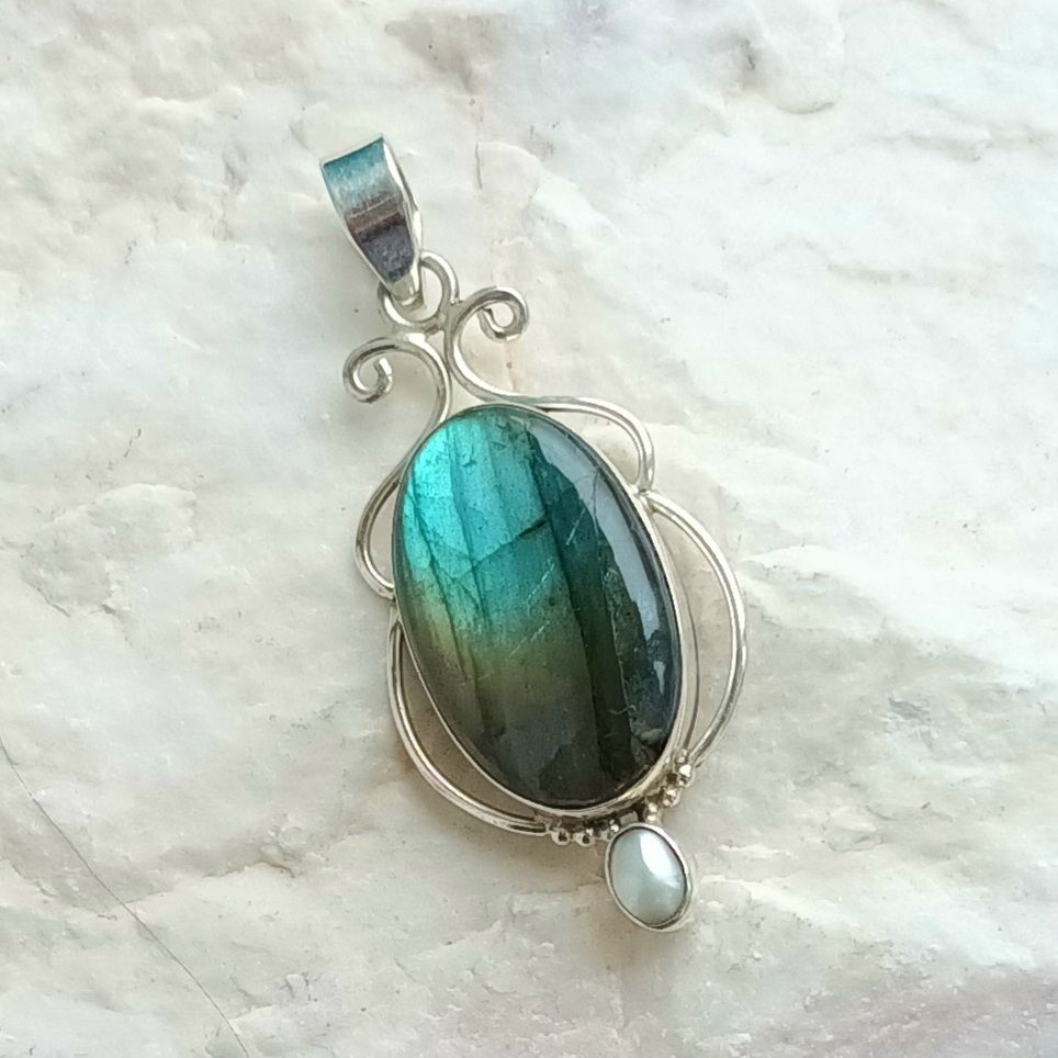 Labradorite And Freshwater Pearl Silver Pendant