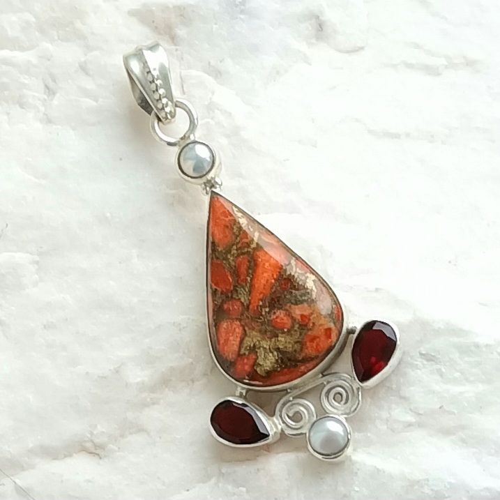 Garnet And Amazing Sea Amber Jasper Gemstone Pendant