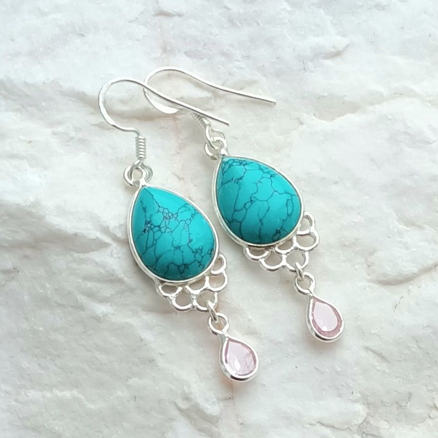 Turquoise Pink Quartz Gemstone Silver Earrings