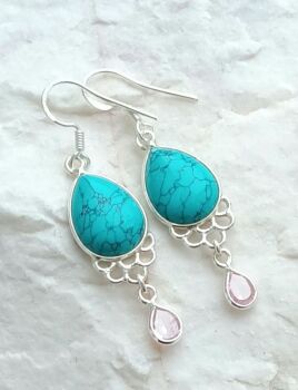 Turquoise pink quartz silver crystal earrings