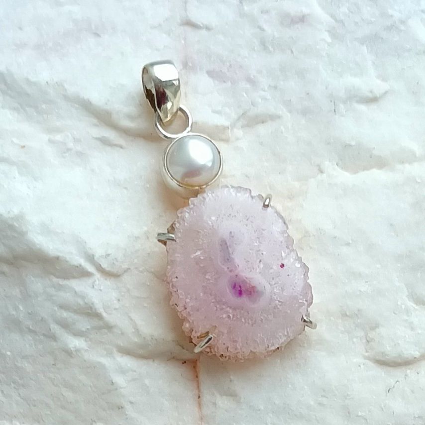 Pretty Pink Quartz Crystal Silver Pendant