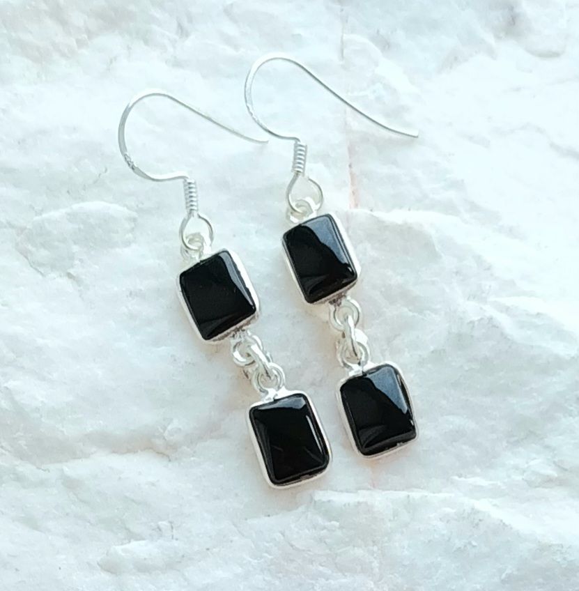 Black Onyx Gemstone Crystal Silver Earrings