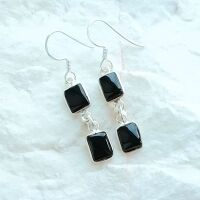 Black onyx gemstone crystal silver earrings