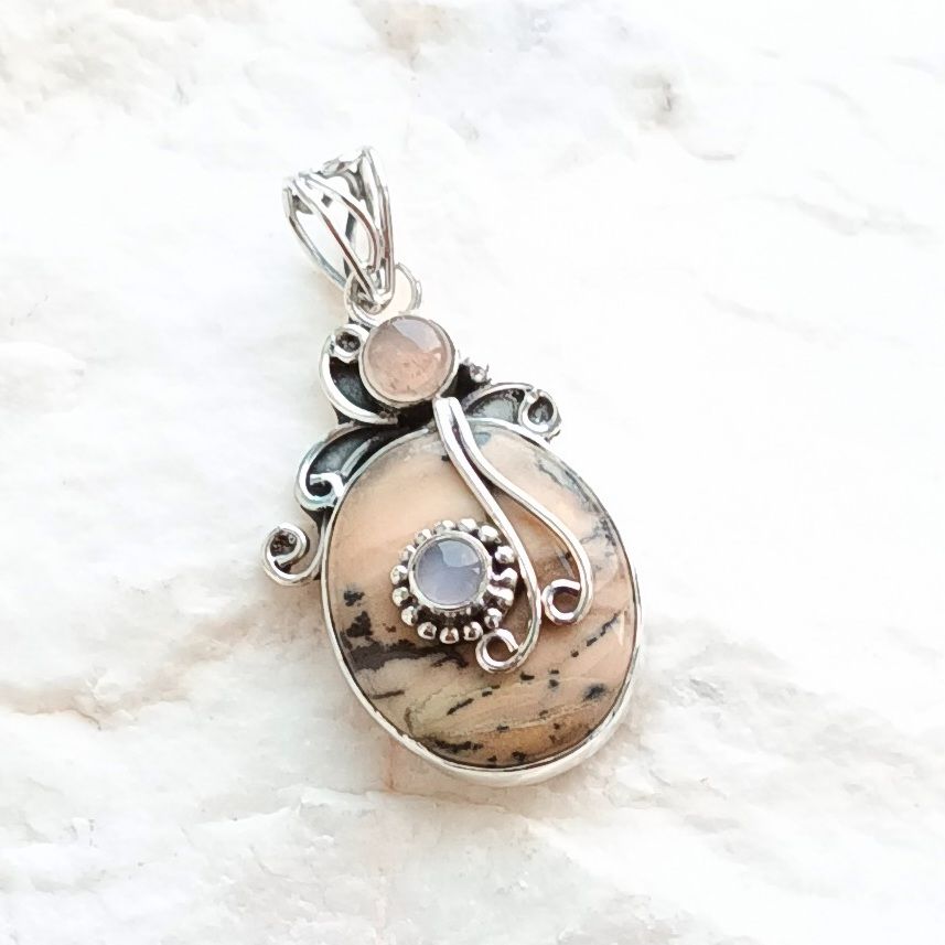 Rose Quartz And Caramel Agate Silver Pendant