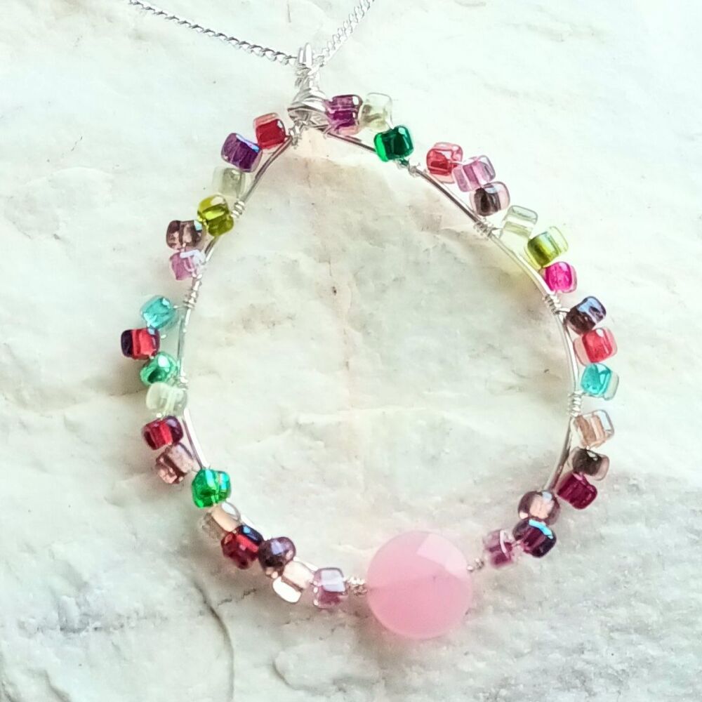 Rose Quartz Crystal Bead Silver Necklace