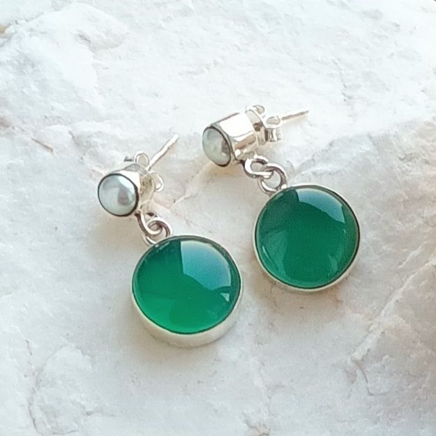 Green Onyx Pearl Silver Stud Earrings