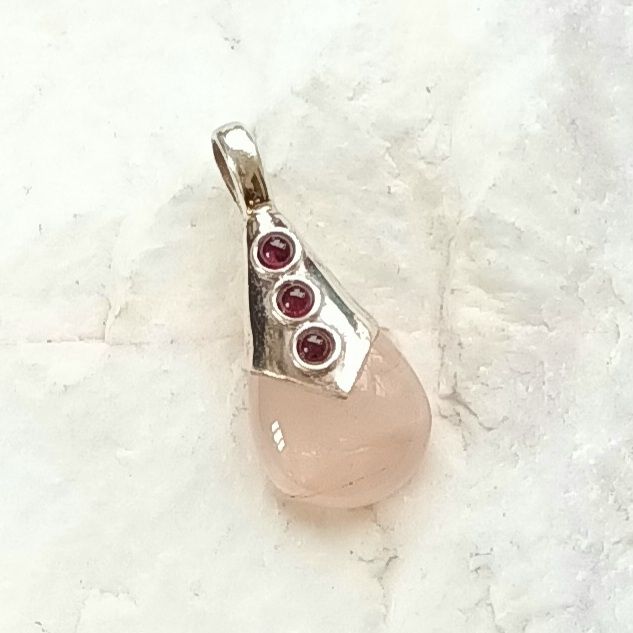 Rose Quartz Garnet Sterling Silver Pendant