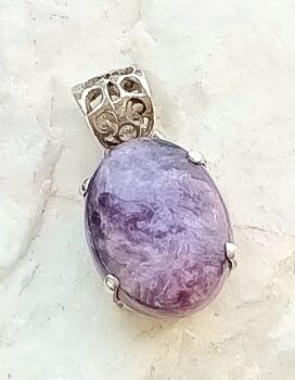 Lilac charoite crystal silver pendant