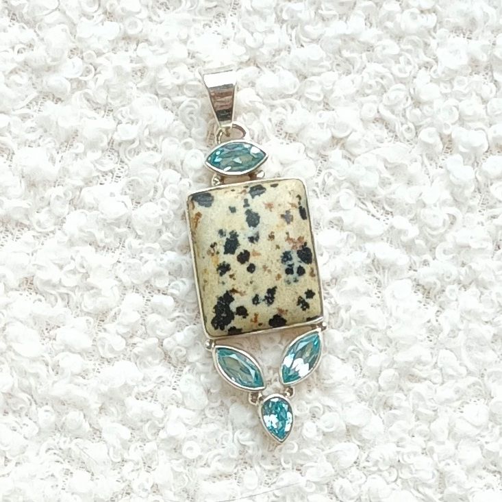 Blue Topaz Delightful Dalmation Jasper Sterling Silver Pendant
