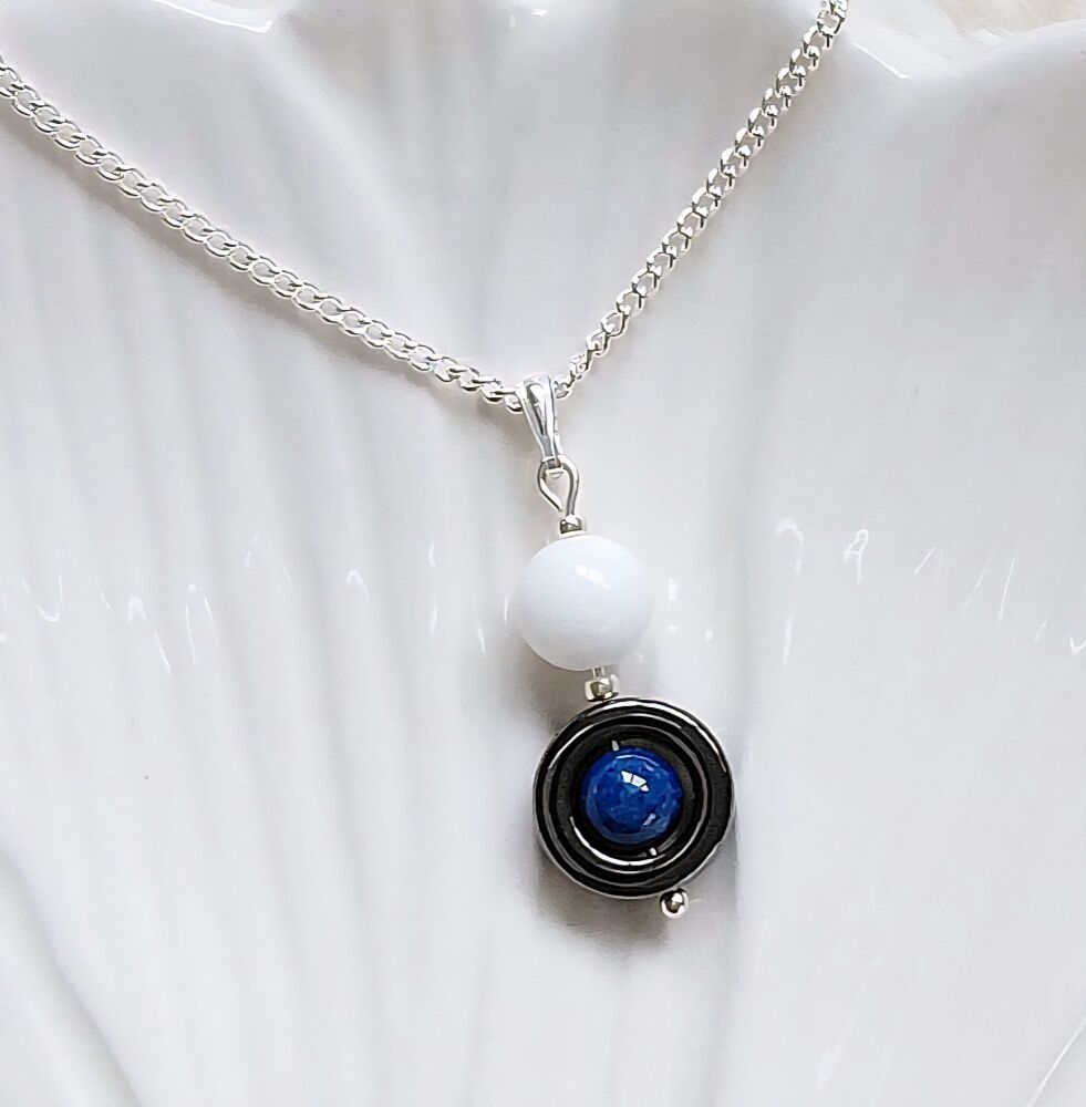 Calm. Lapis White Jade Healing Spinner Necklace