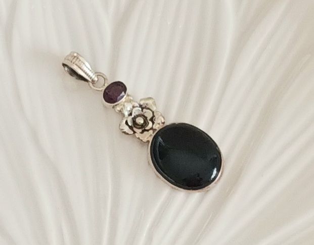 Black Onyx With Garnet Gemstone Pendant