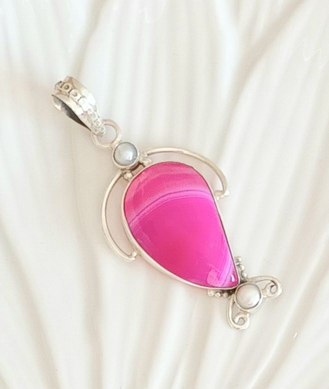 Pink Pretty Agate Pearl Sterling Silver Gemstone Pendant