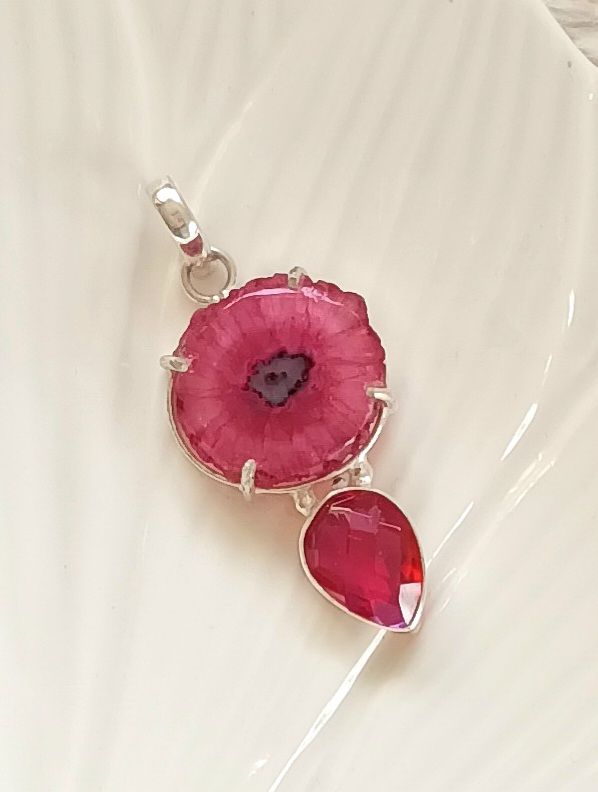 Pretty Pink Quartz Crystal Silver Pendant