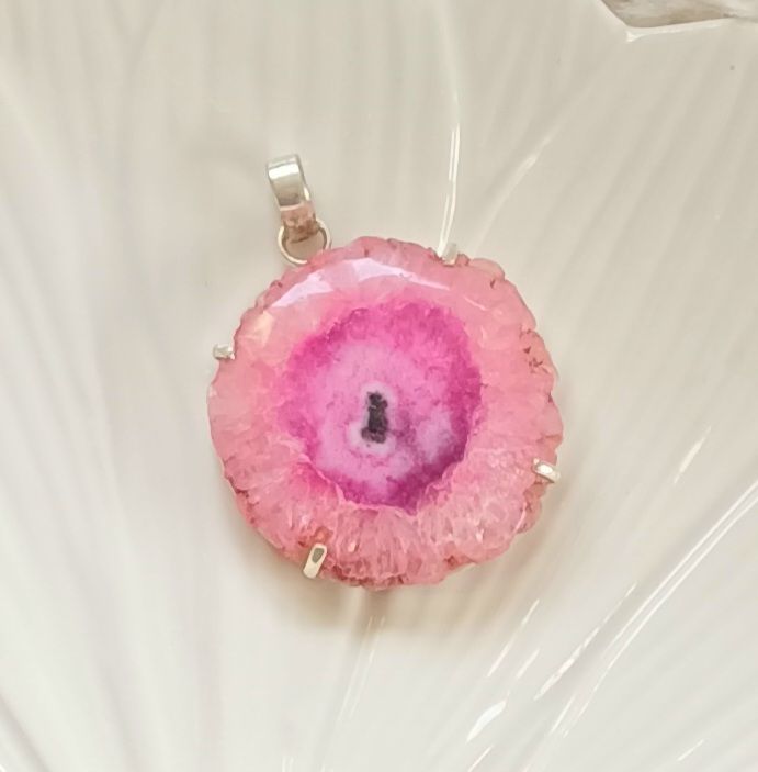 Pretty Pink Quartz Slice Sterling Silver Pendant