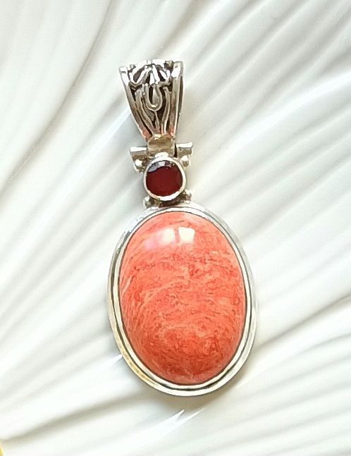 Garnet Crystal Salmon Agate Gemstone Silver Pendant