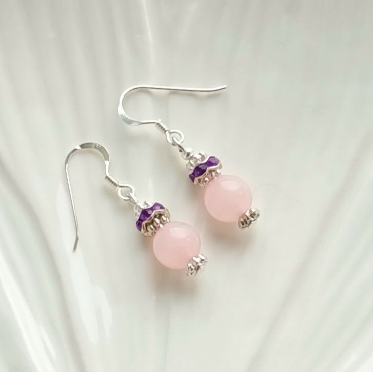 Rose Quartz And Amethyst Crystal Sterling Silver Gem Earrings