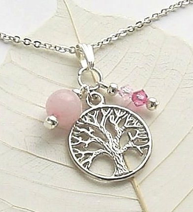 Rose Quartz Tree Of Life Silver Gemstone Necklace