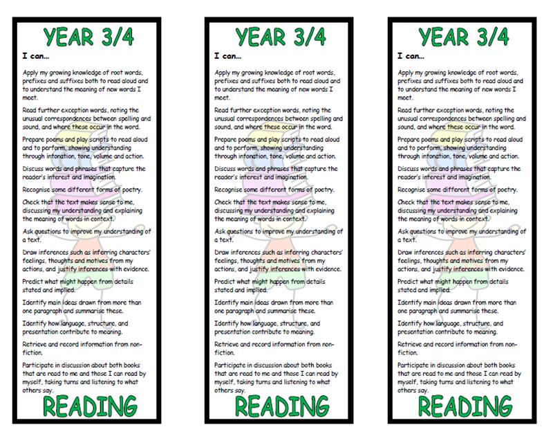 Year 3/4 Reading Bookmark - New National Curriculum