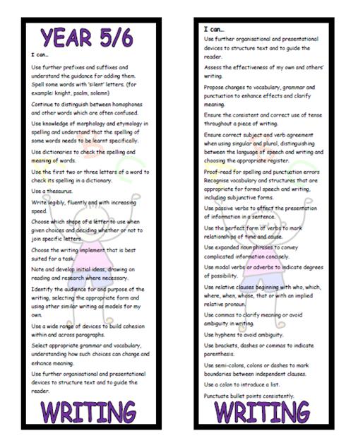 Year 5/6 Writing Bookmark - New National Curriculum