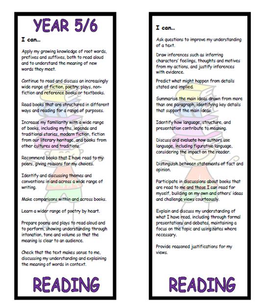 Year 5/6 Reading Bookmark - New National Curriculum